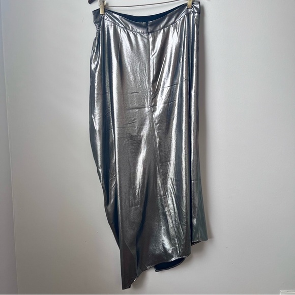AllSaints Carla Gathered Silver Metallic Midi Skirt Side Split Polyester Size 10 - Picture 9 of 15
